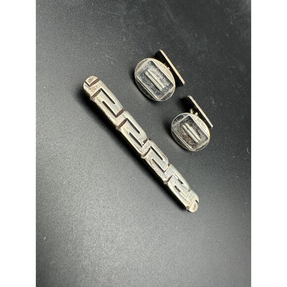Vintage Mod Cufflinks and Tie Bar - Sterling Silver - 1960s - Picture 1 of 7